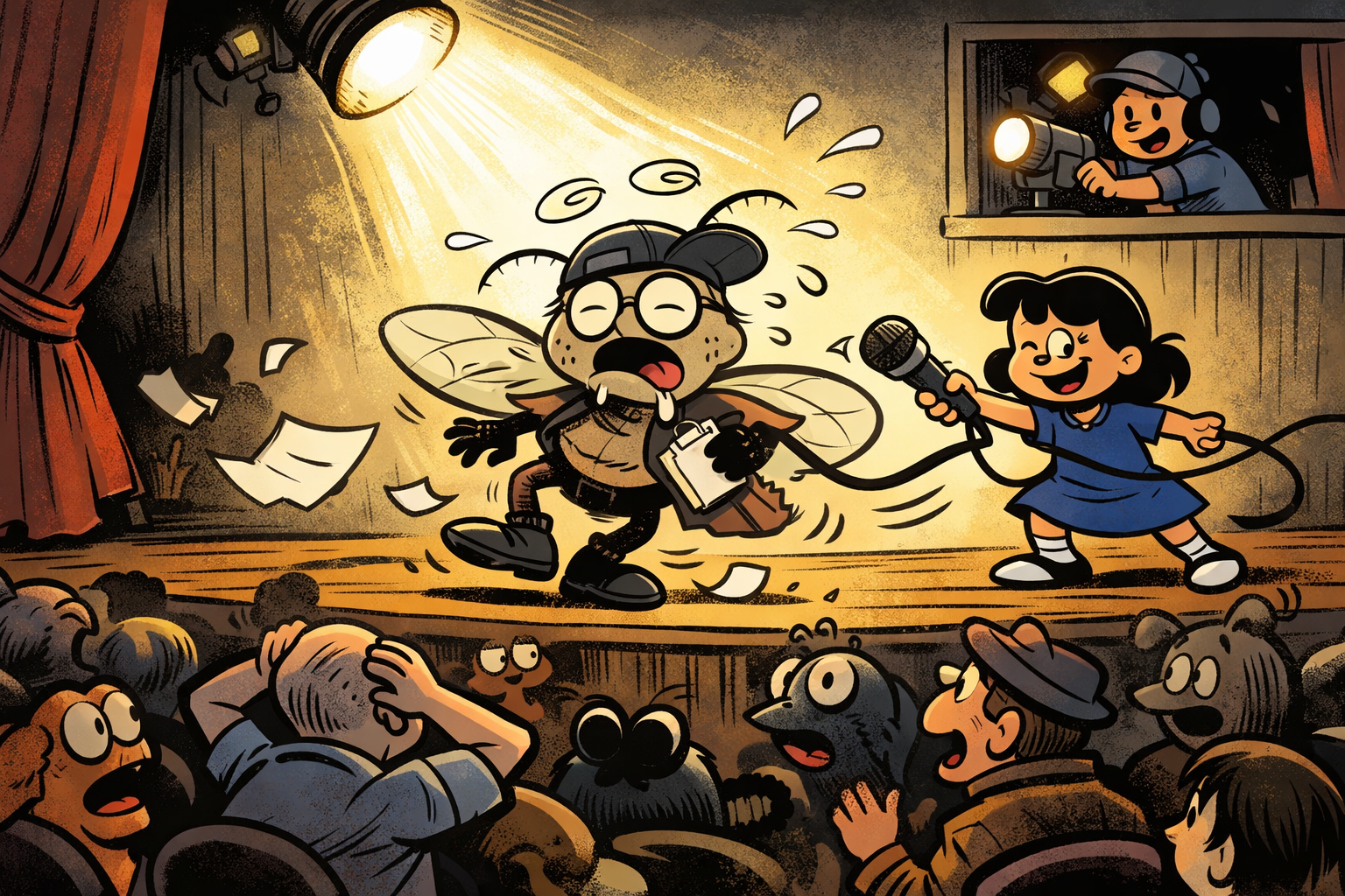 A cartoon stage performance featuring a bug character with glasses and a clipboard, with wings, looking distressed as it runs on stage. A girl holds a microphone and pulls on a cord, causing the bug to be shocked. In the background, a person with headphones operates a camera in a window. The audience's reactions vary from surprise to laughter, with some holding their heads and others smiling.