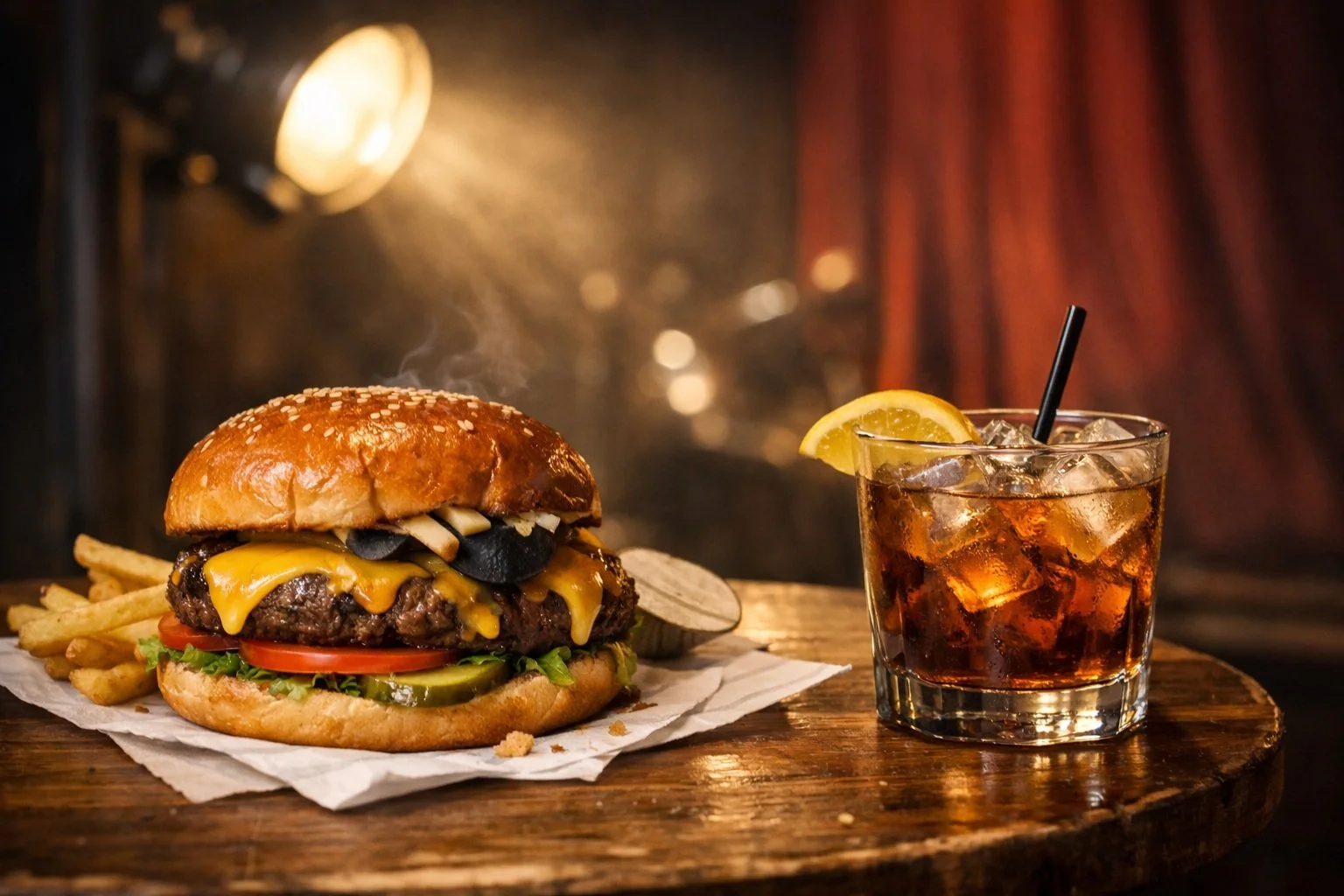 A cheeseburger with lettuce, tomato, pickles, and sautéed mushrooms in a sesame seed bun, served with French fries, and a glass of cola with ice and a lemon wedge on a wooden table in a dimly lit setting.