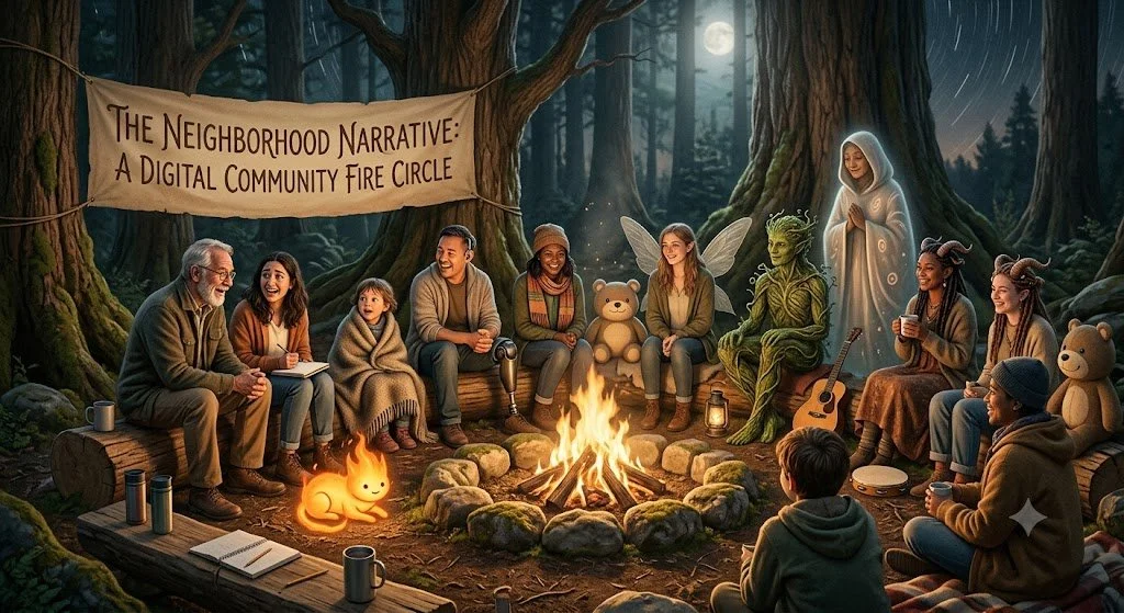 People sitting around a campfire in a forest at night, with a banner reading 'The Neighborhood Narrative: A Digital Community Fire Circle'. Characters include humans, a fairy, a goblin, and a person dressed as an angel, with various plush toys and musical instruments.