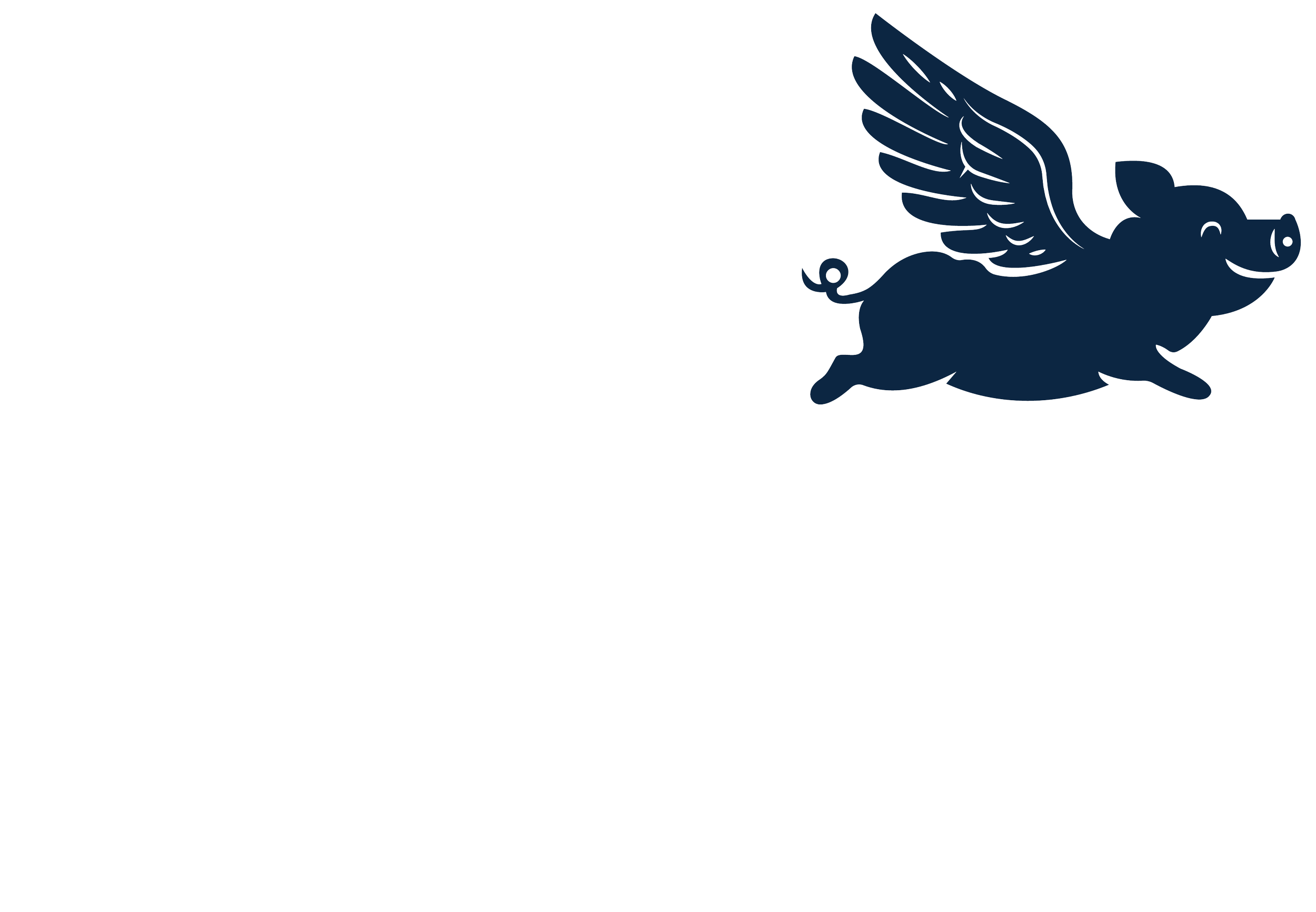 A logo featuring a stylized blue pig with wings, flying into the distance.