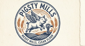 Logo of Piggsty Mills showing a winged pig running with wheat stalks and a windmill, with the tagline Messy Mills, Clean Flour.