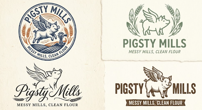 Four different Pigsty Mills flour logos, each featuring a pig and wheat, with variations in design and color.
