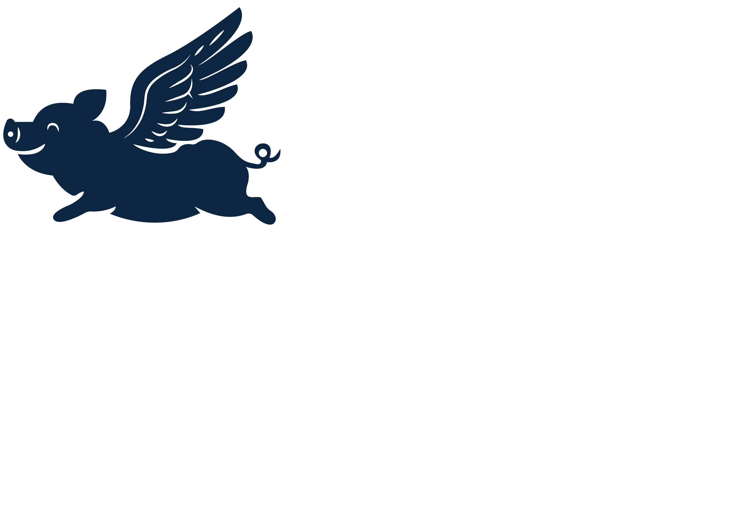 A logo featuring a stylized blue pig with wings, flying into the distance.