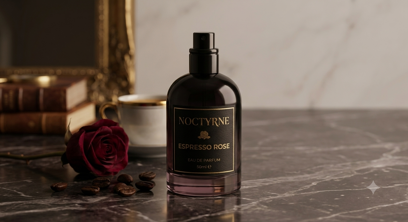 Bottle of Noctyrne Espresso Rose perfume on a marble surface with a red rose, coffee beans, a cup, and old books in the background.