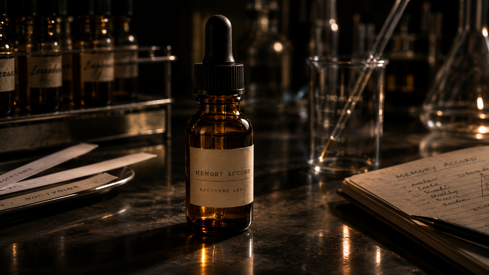 A dark laboratory scene with a small glass dropper bottle labeled 'Memory Accord' from Nocturne Labs, surrounded by scientific equipment including beakers, test tubes, and handwritten notes labeled 'Memory' on a notebook, illuminated with warm, low lighting.