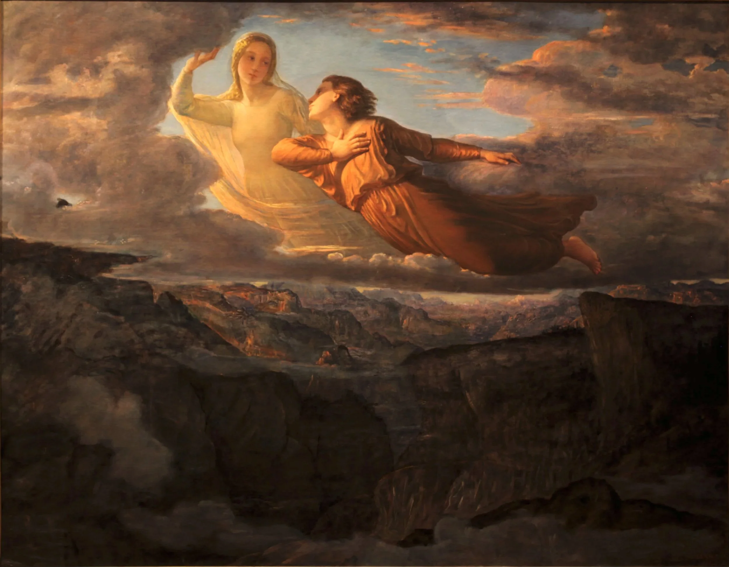 Tableau religieux représentant la Vierge Marie et l'Enfant Jésus entourés de nuages et de lumière céleste.