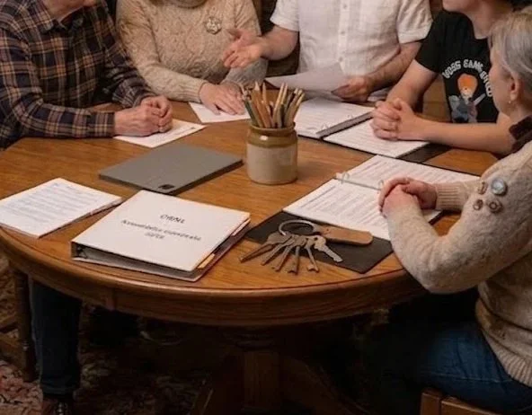 Assemblée de fondation d'un organisme à but non lucratif regroupant des personnes âgées du spectre autiste. La table a des documents de procédures, des cahiers et un pot avec des crayons, ainsi qu'un trousseau de clés.