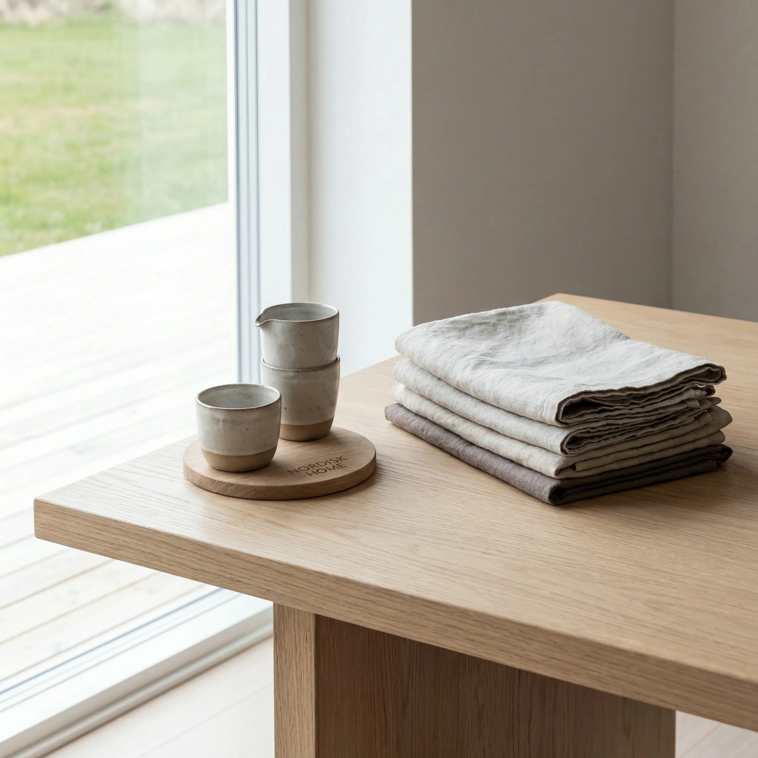Wooden table near a large window with a view of green grass outside. The table holds three ceramic cups on a round wooden tray and a stack of folded neutral-colored cloths.