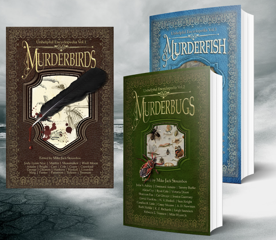 Three books titled "Murderbirds," "Murderbugs," and "Murderfish" from the Unhelpful Encyclopedia series, with the Murderbirds book featuring a large black feather and blood splatter, set against a cloudy sky and ocean.