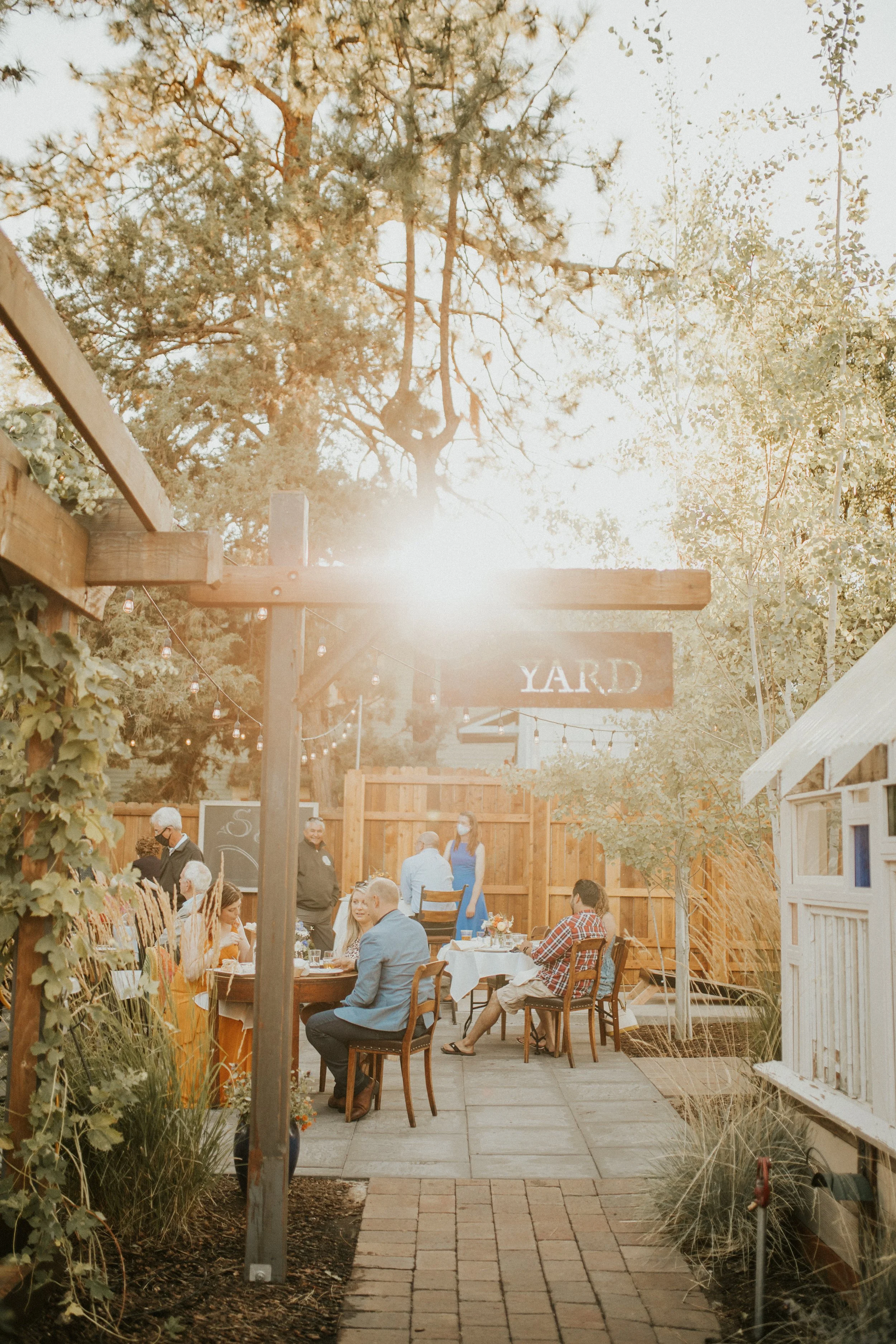An outdoor courtyard with pine trees in the background and a bright sun flare in the middle.