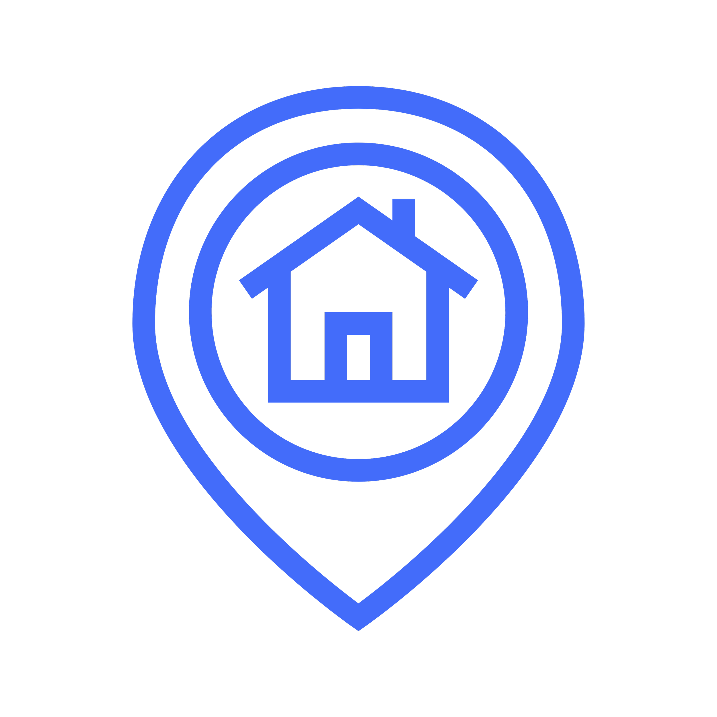 Stylized blue map marker icon with concentric circles around it, against black background.