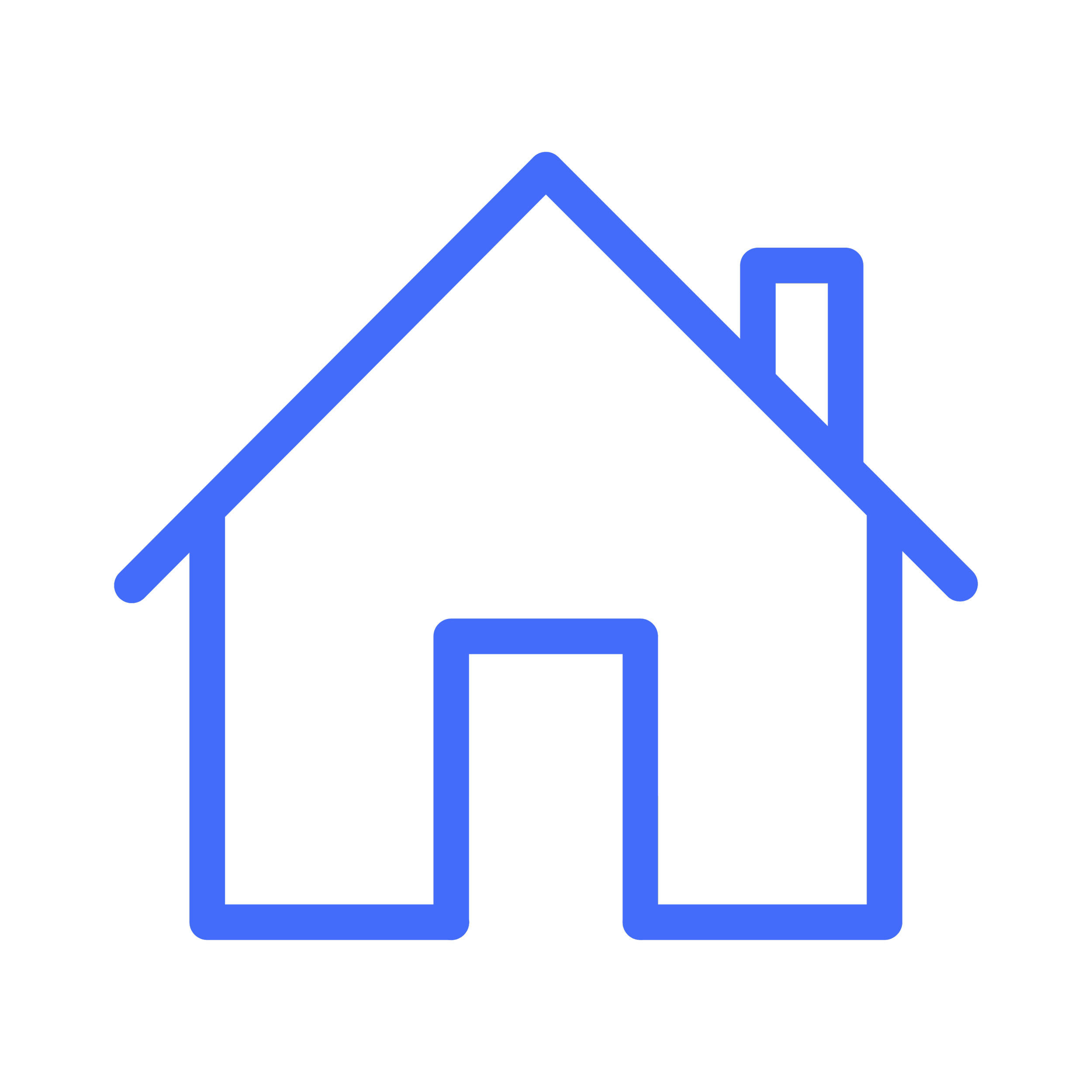 Blue neon outline of a house with a triangular roof and a rectangular door, set against a black background.