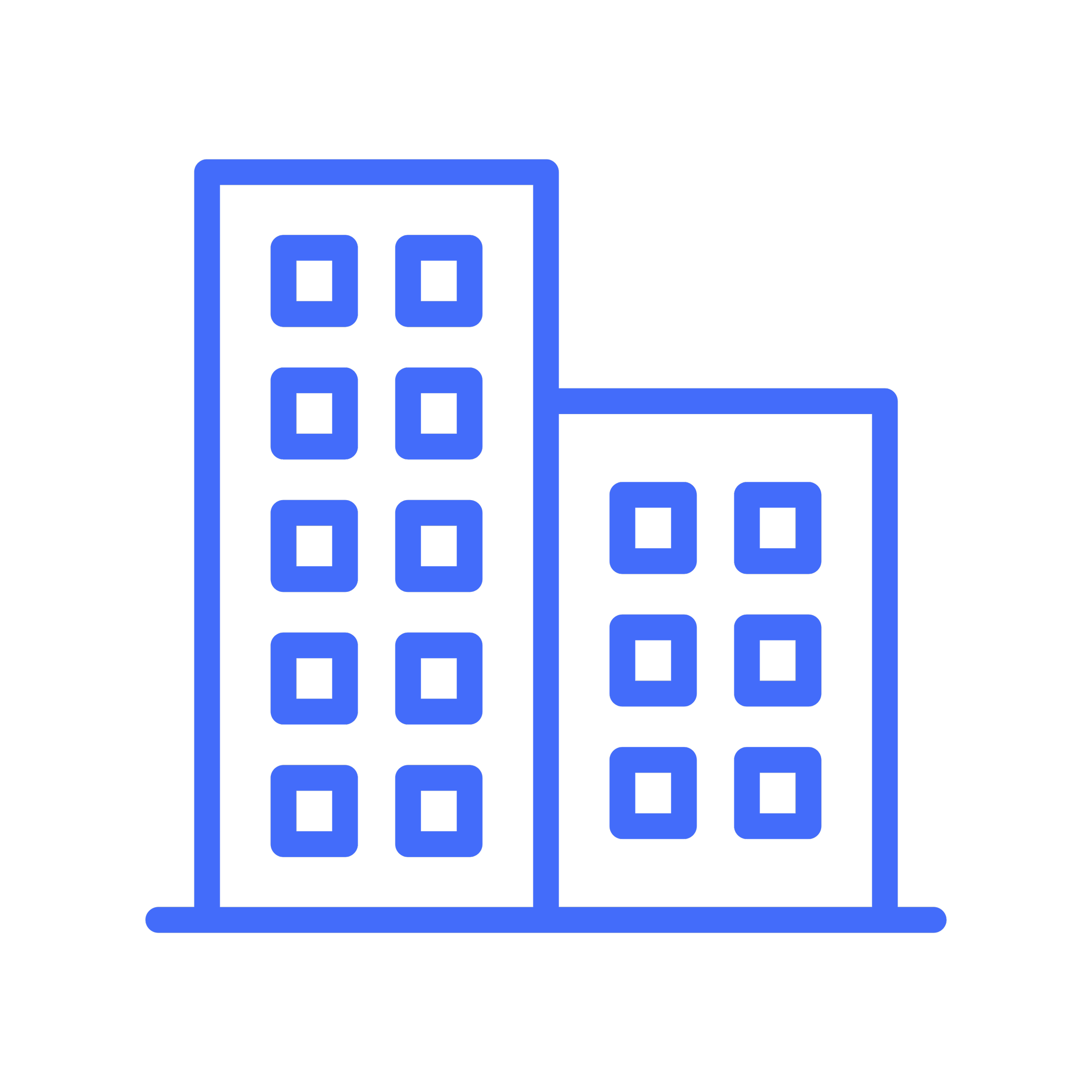 Outline drawing of a city skyline with buildings and windows.