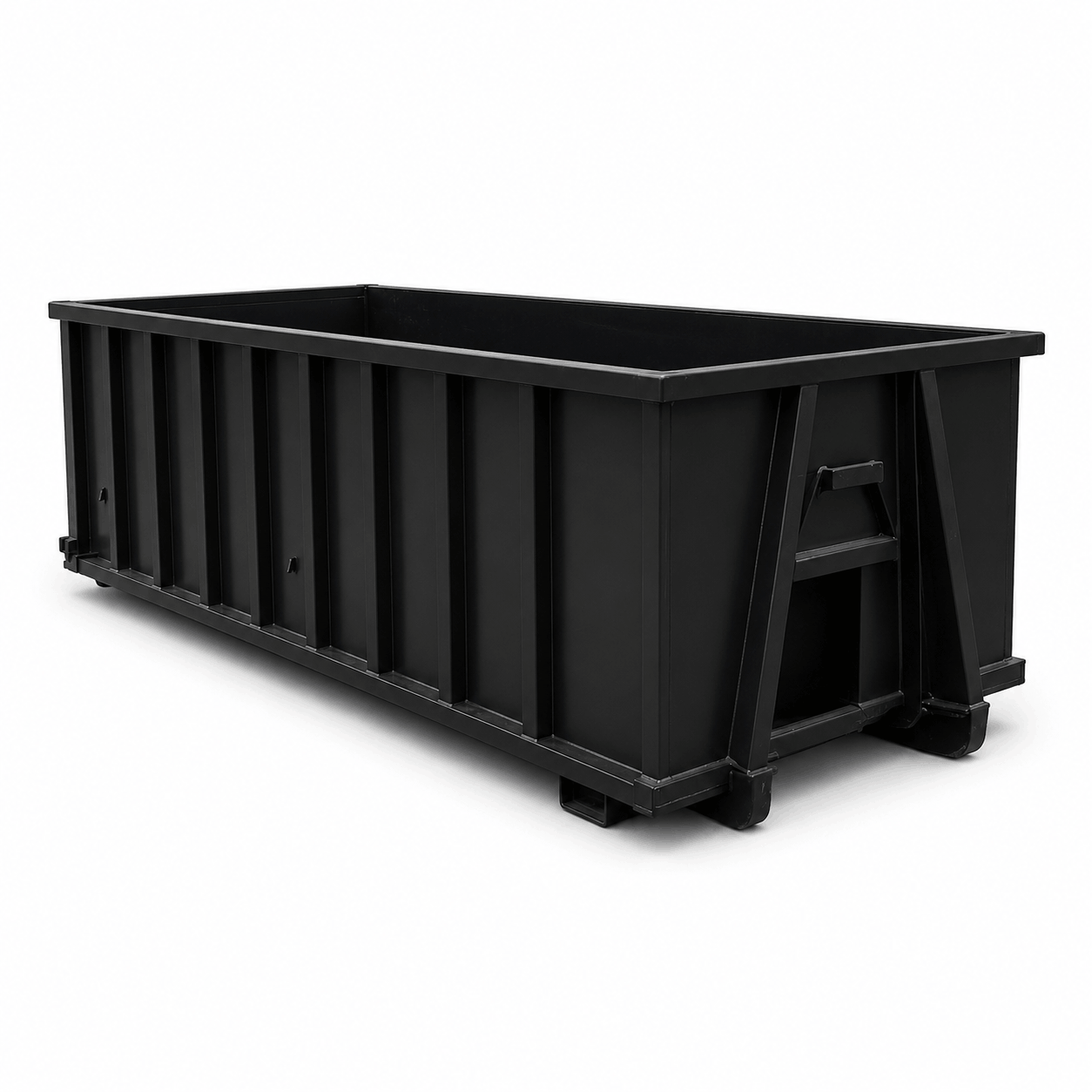 Black plastic garden planter box with feet, isolated on white background.