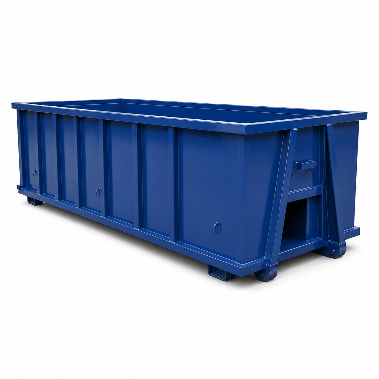 Blue industrial dumpster with wheels and a lifting mechanism.
