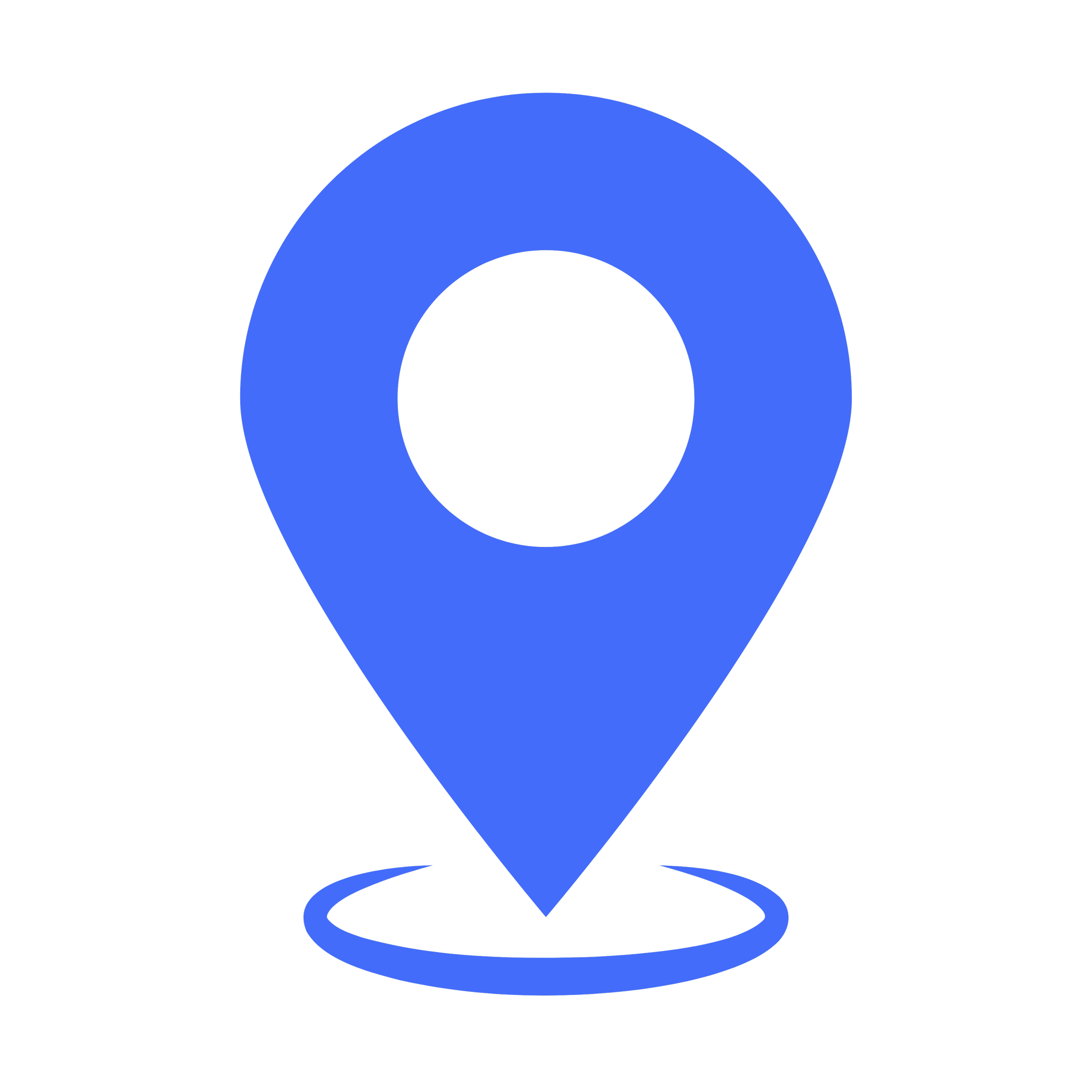 A stylized blue location pin with a circular hole in the center and a small curved tail at the bottom, set against a black background.
