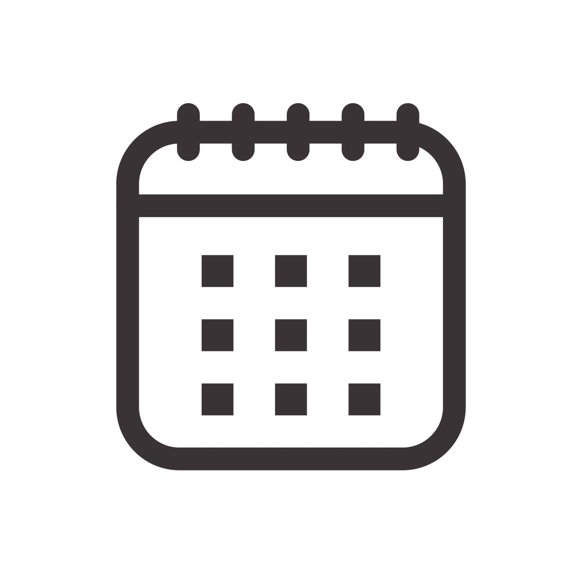 Black and white icon of a calendar with a grid of days.