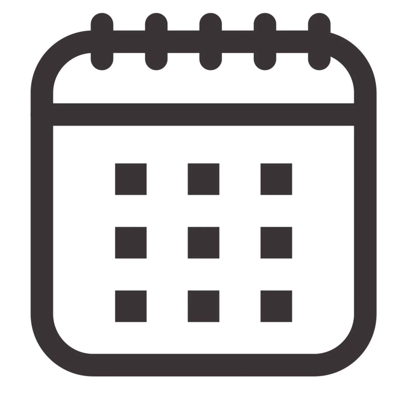 A simple black and white icon of a calendar with a grid of dates and a rounded top, representing a calendar or date planner.