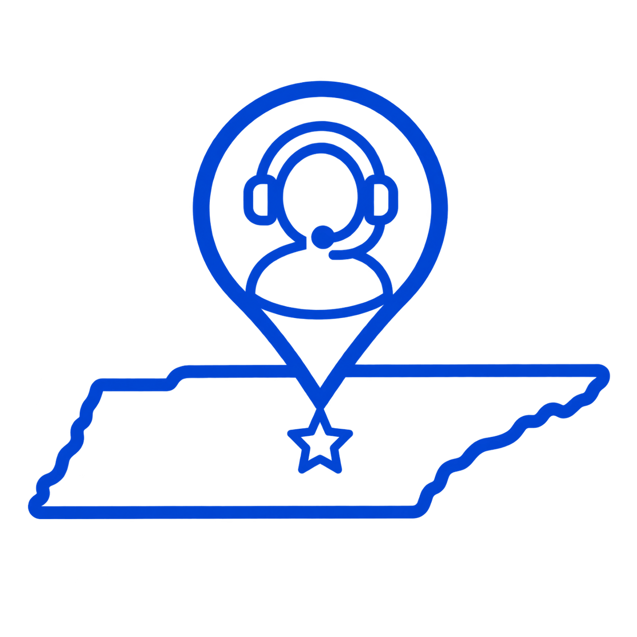 Neon blue outline of a map with a location pin showing a person's face wearing a headset inside the pin. The map has a star at the bottom of the pin.