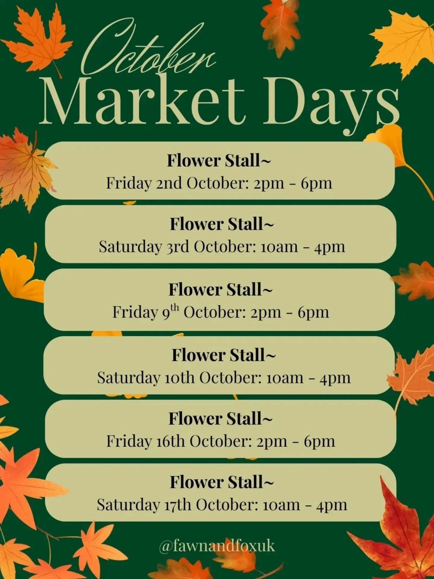 Upcoming market days and times for October! 🍂🍁🎃

#southnorwood #fawnandfox