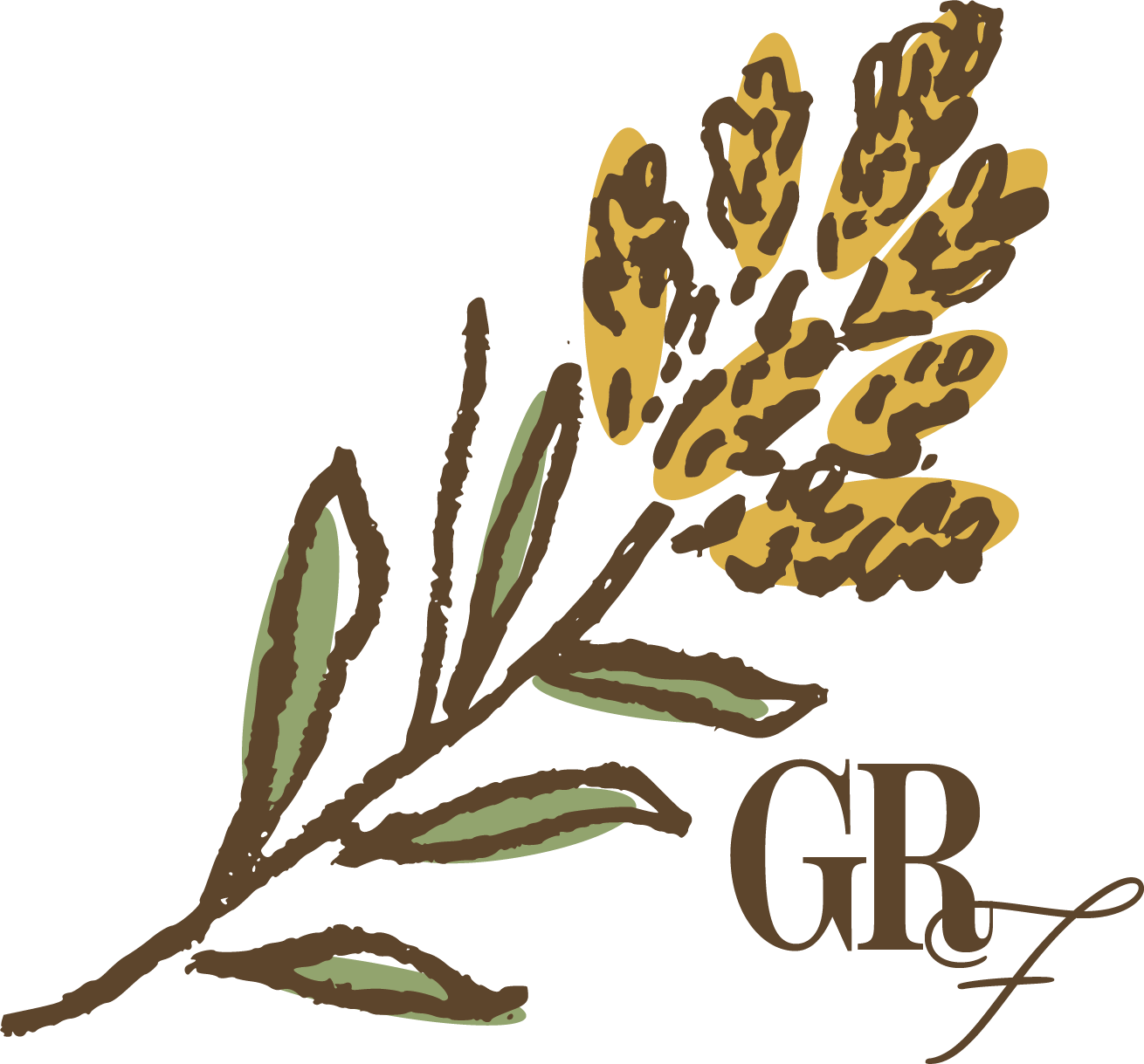 Illustration of a yellow flower with brown spots and green leaves, with the initials 'GR' in brown at the bottom right corner.