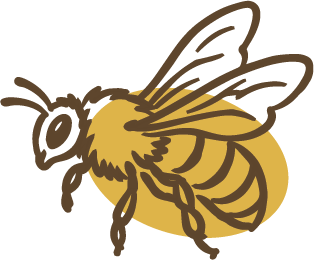 Drawing of a bee with black and yellow stripes, wings, and antennae