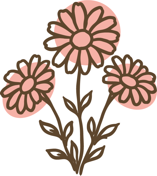 A simple line drawing of three pink flowers with brown outlines and stems, set against a light pink circular background.