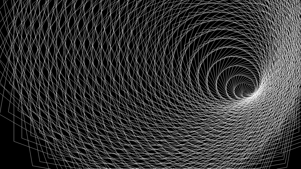 A black background with a geometric design made of white lines forming a spiral and grid pattern.
