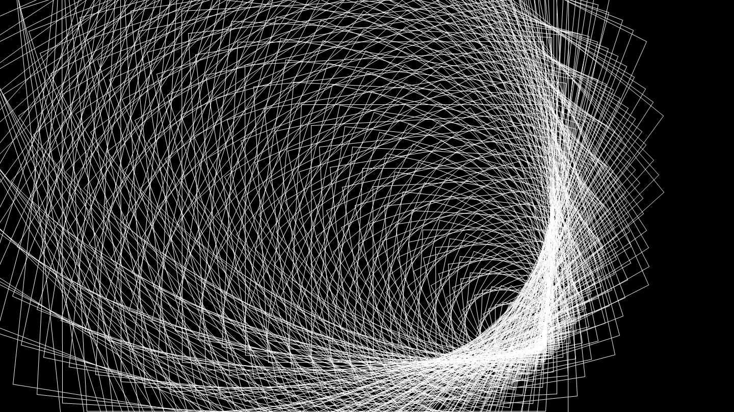 A digital black background with a white geometric wireframe spiral pattern.