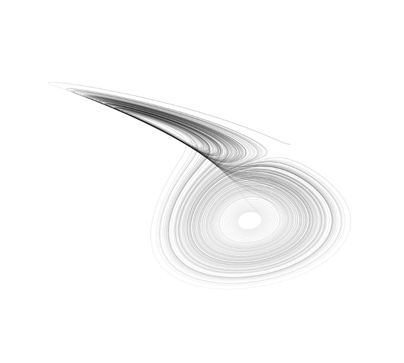Abstract black and white spiral and wave pattern on a white background.