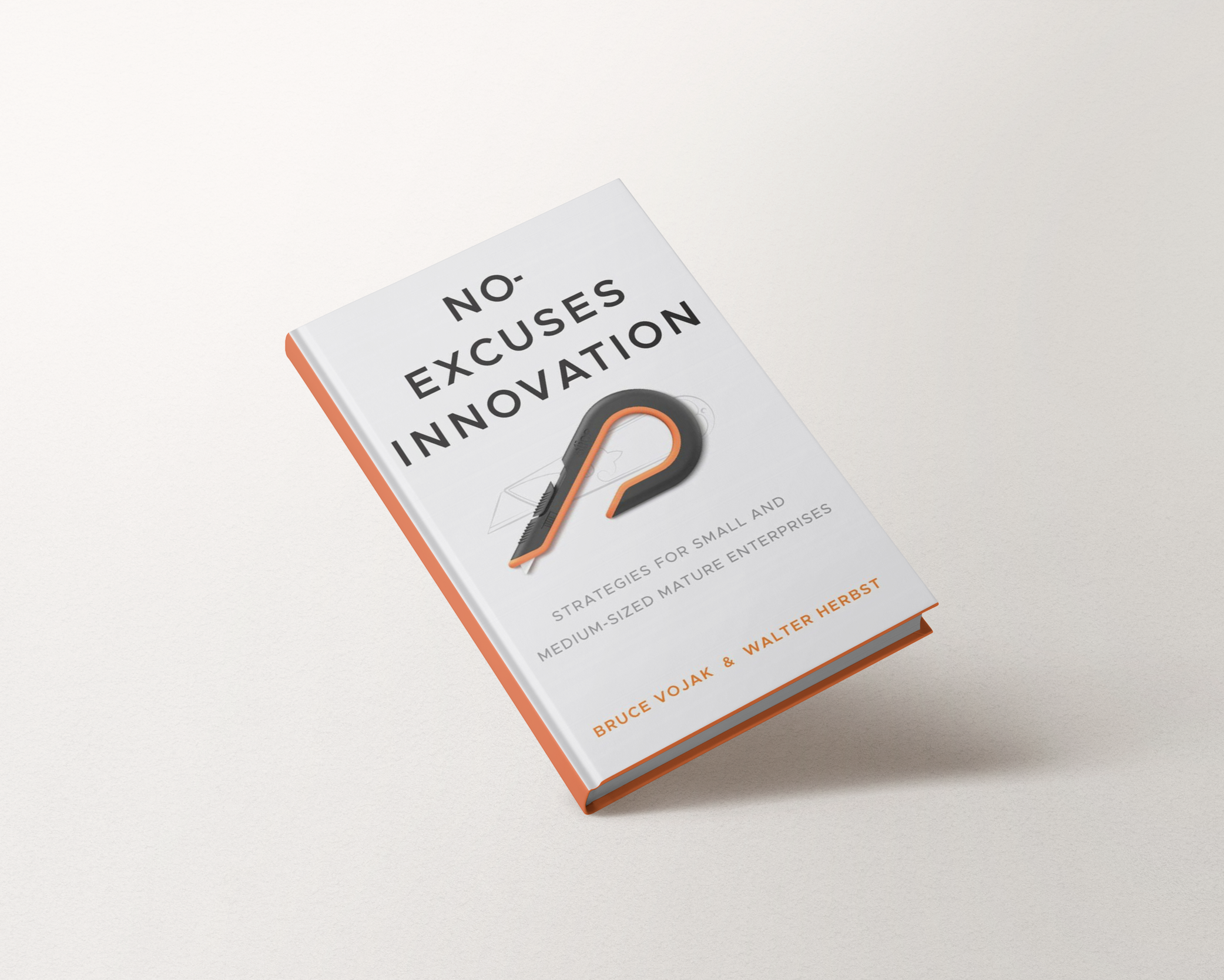 A book titled 'No Excuses Innovation' by Bruce Vojak and Walter Herbst lies on a plain white surface, partially visible in the image.