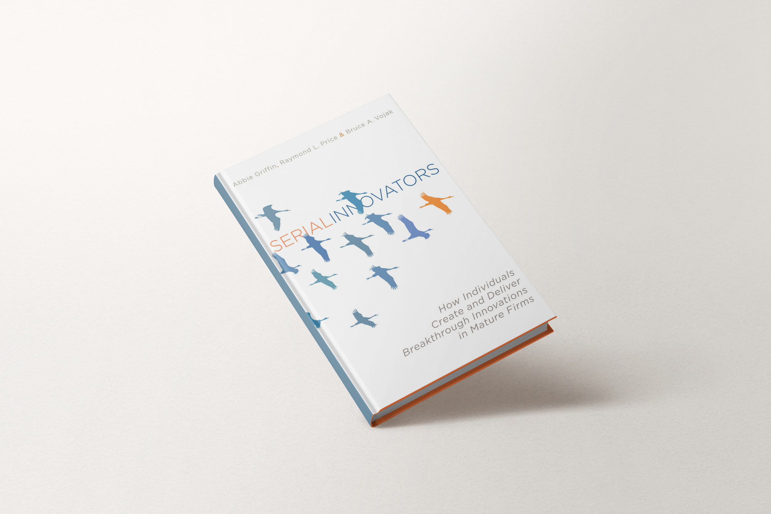 A book titled 'Serial Innovators' lies on a white surface, featuring a cover design with illustrations of flying birds in various shades of blue and orange.