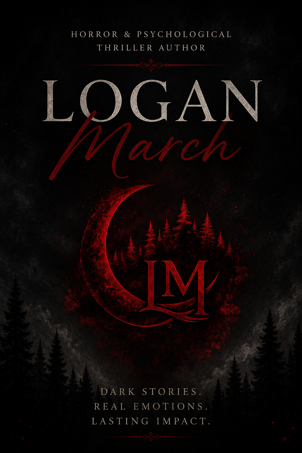 Logan March horror author logo featuring a red crescent moon, pine forest, and LM monogram on a dark textured background.