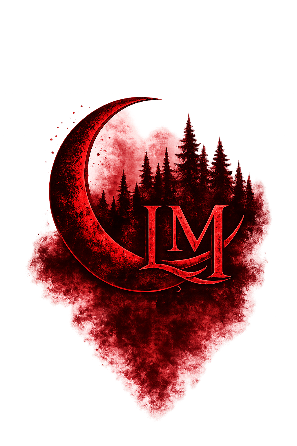 Logan March author logo with red moon and pine forest.