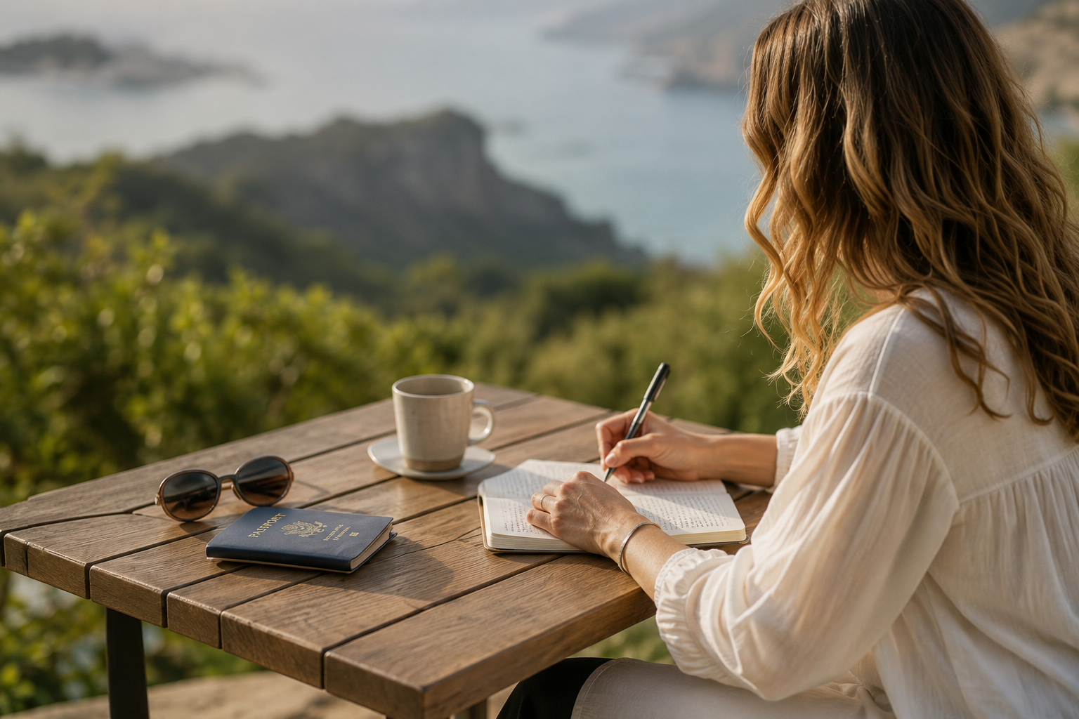 A woman with wavy blonde hair writing in a notebook at an outdoor wooden table, with a coffee cup, sunglasses, and a passport on the table, overlooking a scenic landscape with hills and water.