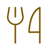 A gold-colored pitchfork and a wrench crossed over each other.