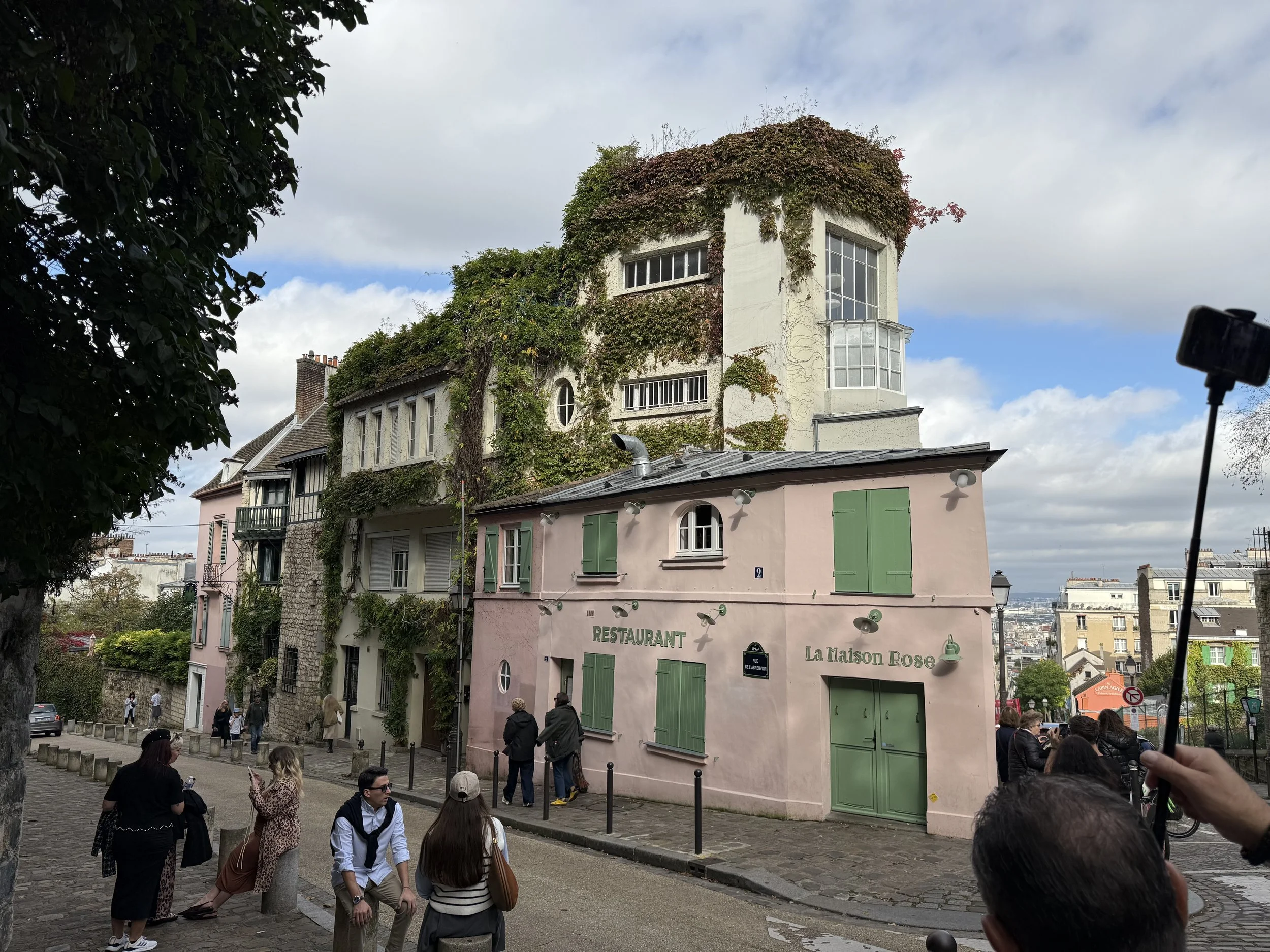 A city street scene with groups of people walking and sitting outside buildings that have colorful facades, including a pink building with green shutters and a sign for a restaurant named "La Maison Rose". There are trees and an overcast sky in the background.