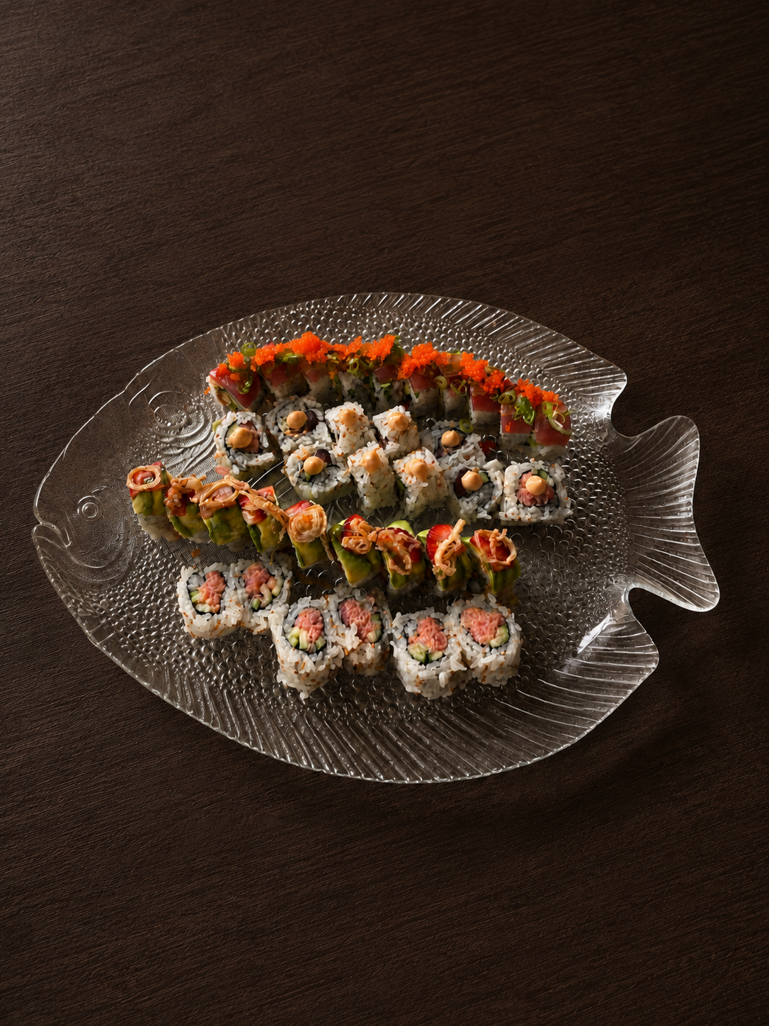 Assorted sushi rolls on a glass fish-shaped platter on a dark wooden surface.