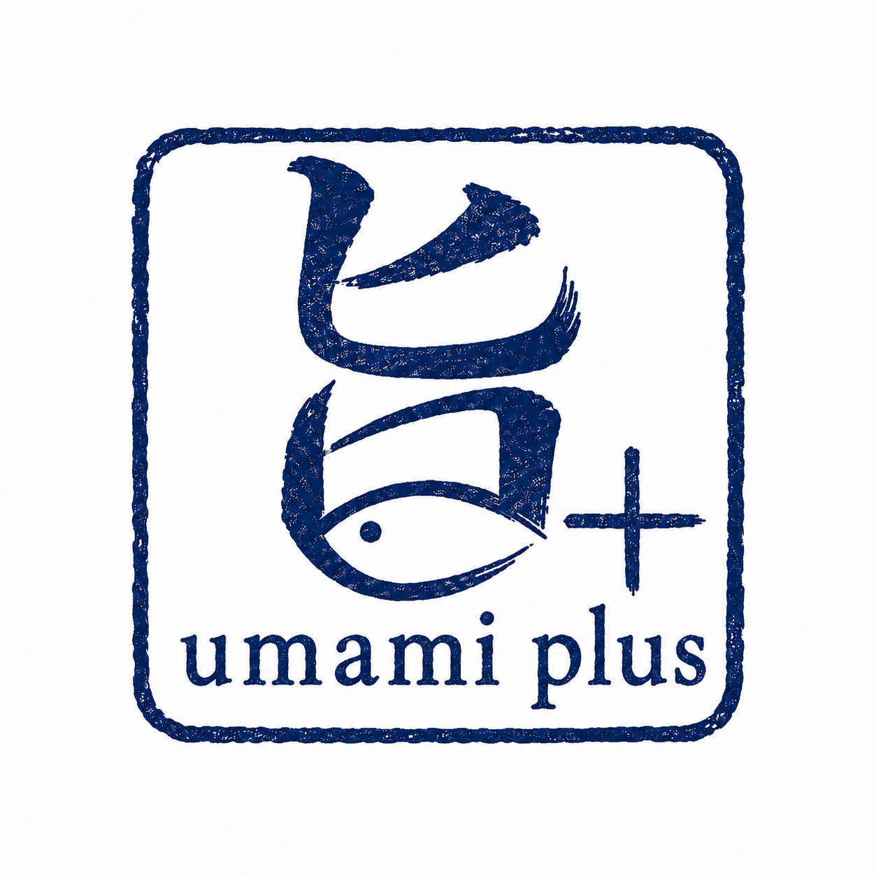 A blue logo with a stylized fish and Japanese characters, accompanied by the text 'umami plus' below.