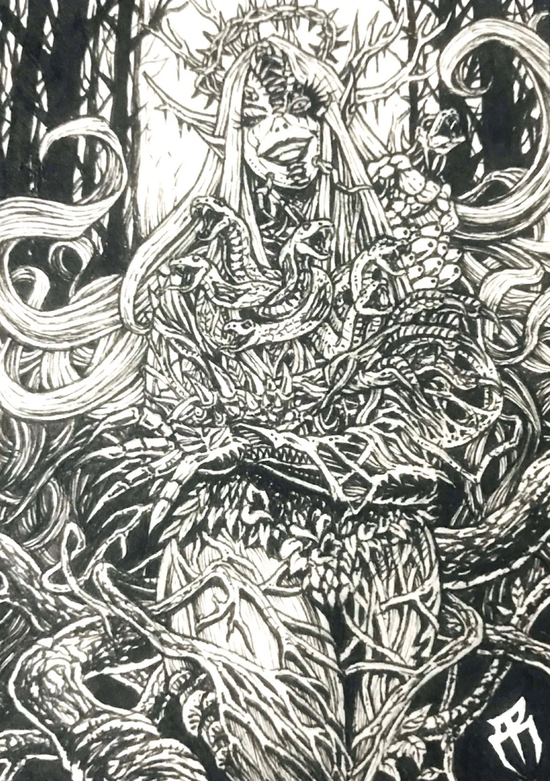 Poison Ivy, Absolute Batman sketch card.Black and white illustration of a fantasy scene featuring a smiling elf-like character at the center with long hair and a crown of twisted branches,