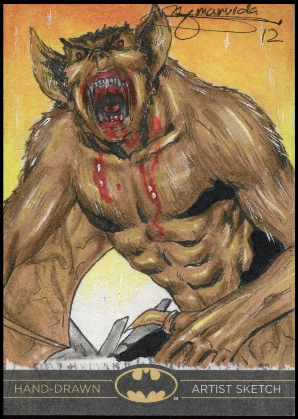 Batman legend sketch card. A hand-drawn illustration of the Batman logo with a muscular, aggressive creature emerging from it, featuring sharp teeth, red eyes, and blood dripping from its mouth.