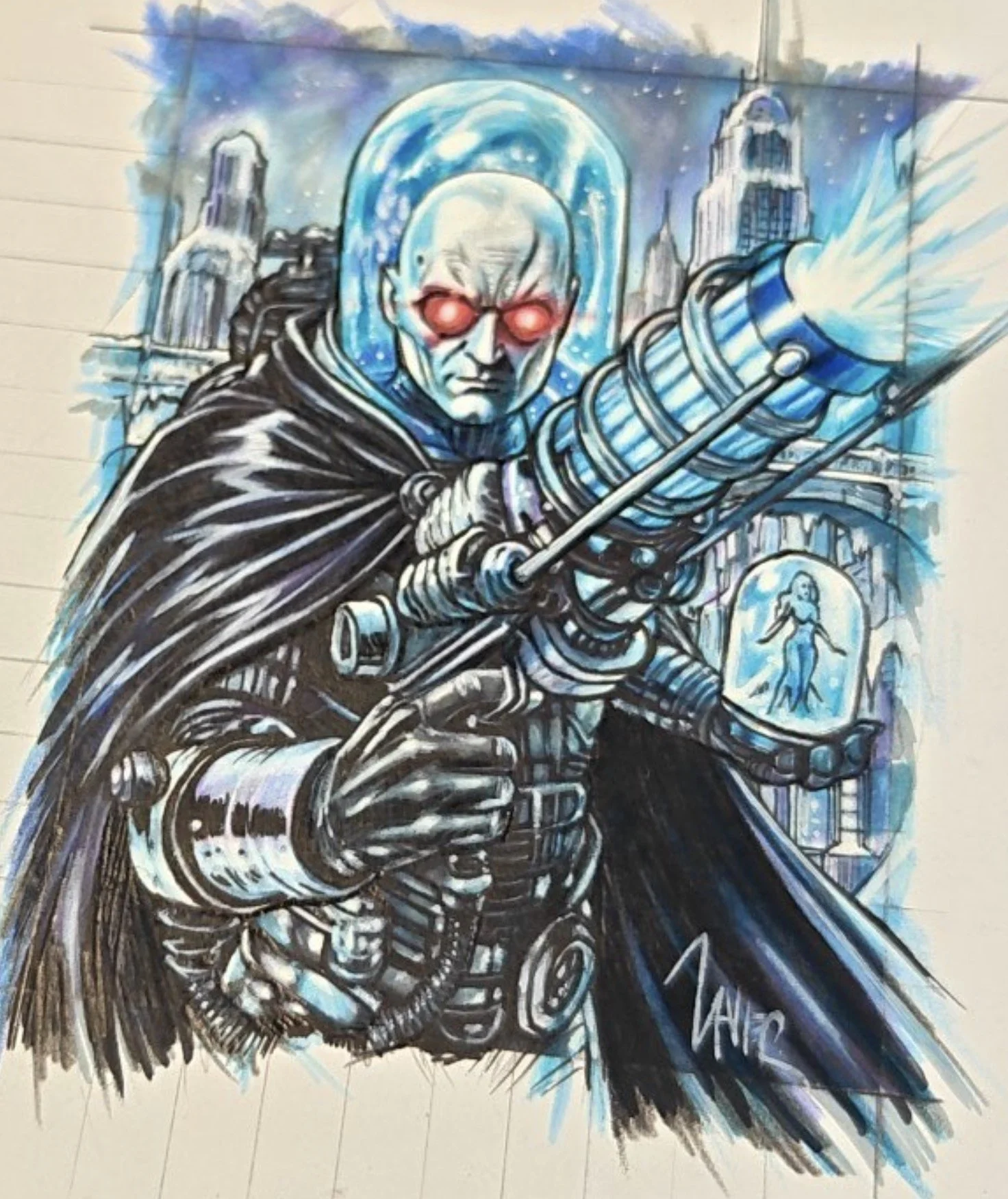 Mr. Freeze, Batman sketch card. A mural of a menacing, skeletal figure with glowing red eyes, wearing a dark cloak and wielding a large weapon, with a cityscape and cosmic background.