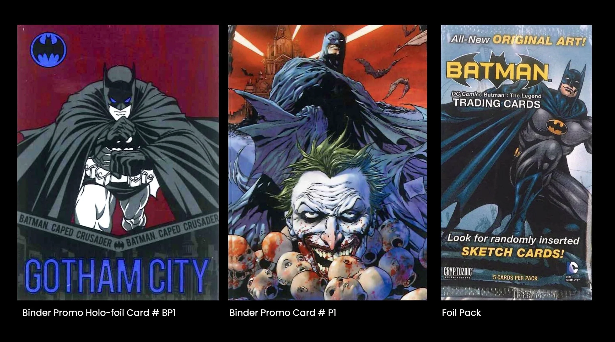 Batman legend cards. Collection of three Batman-themed trading cards and a foil pack. The first card features Batman with the text 'Gotham City' at the bottom.