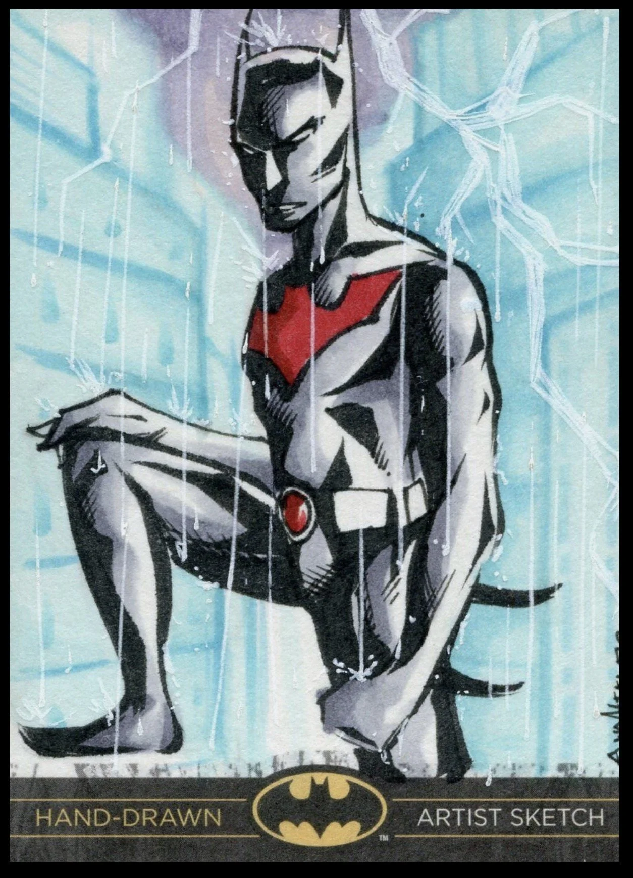 Batman legend sketch card. A hand-drawn illustration of Batman in a comic style, depicting him with a serious expression, wearing a red and gray suit with a black bat symbol on his chest, and a utility belt.