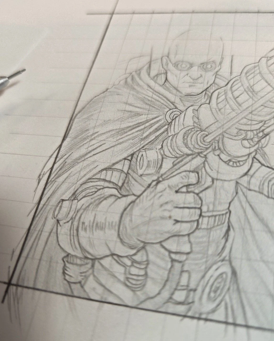 Mr. Freeze, Batman sketch card. A pencil sketch of a man in a futuristic outfit holding a large weapon, with a cape and high-tech details.