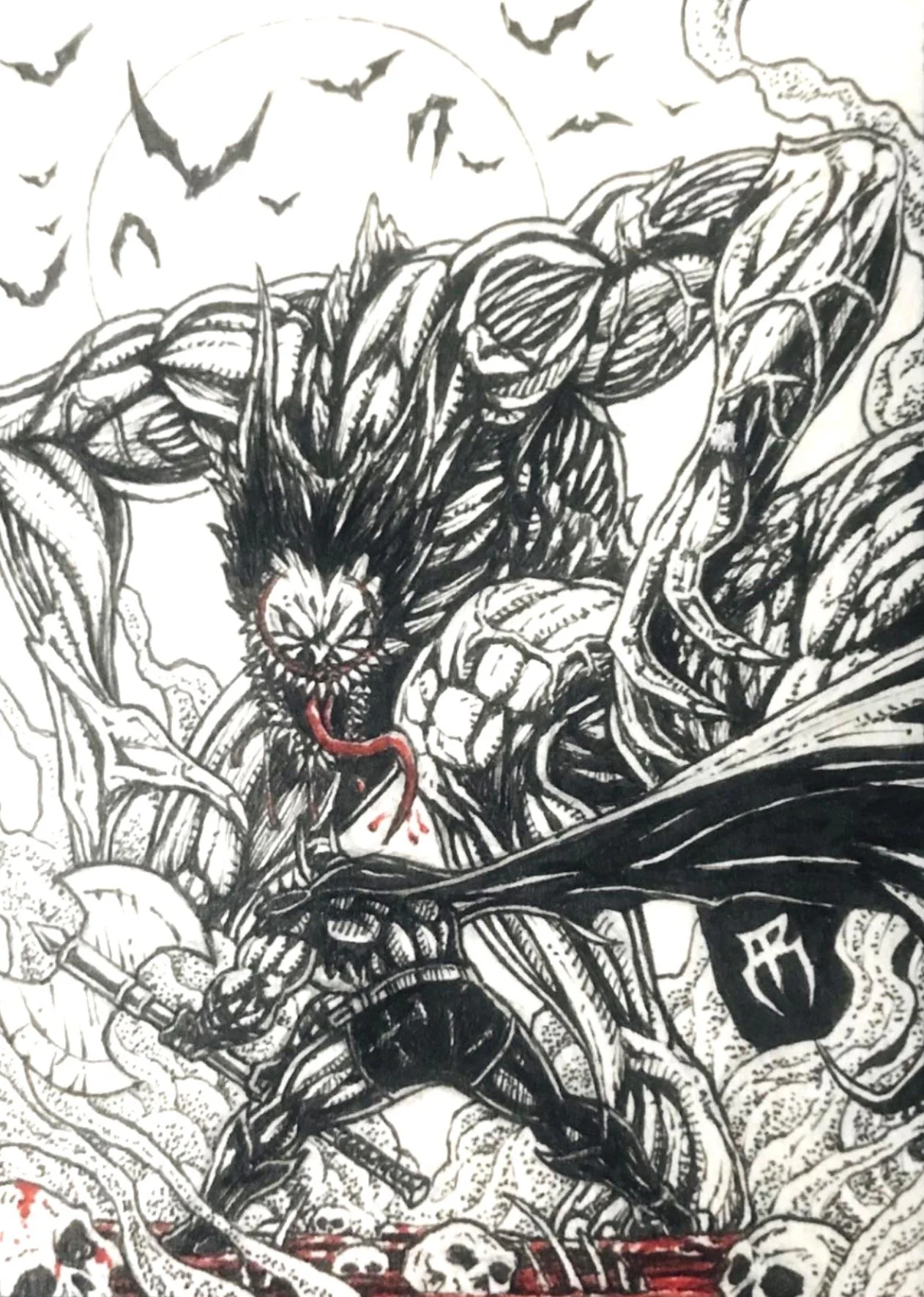 Absolute Batman sketch card. Black and white illustration of a fierce wolf with sharp teeth, snarling with a protruding tongue. The wolf is surrounded by swarming bats and tangled vines. There are skulls at the bottom and a dark, ominous background.