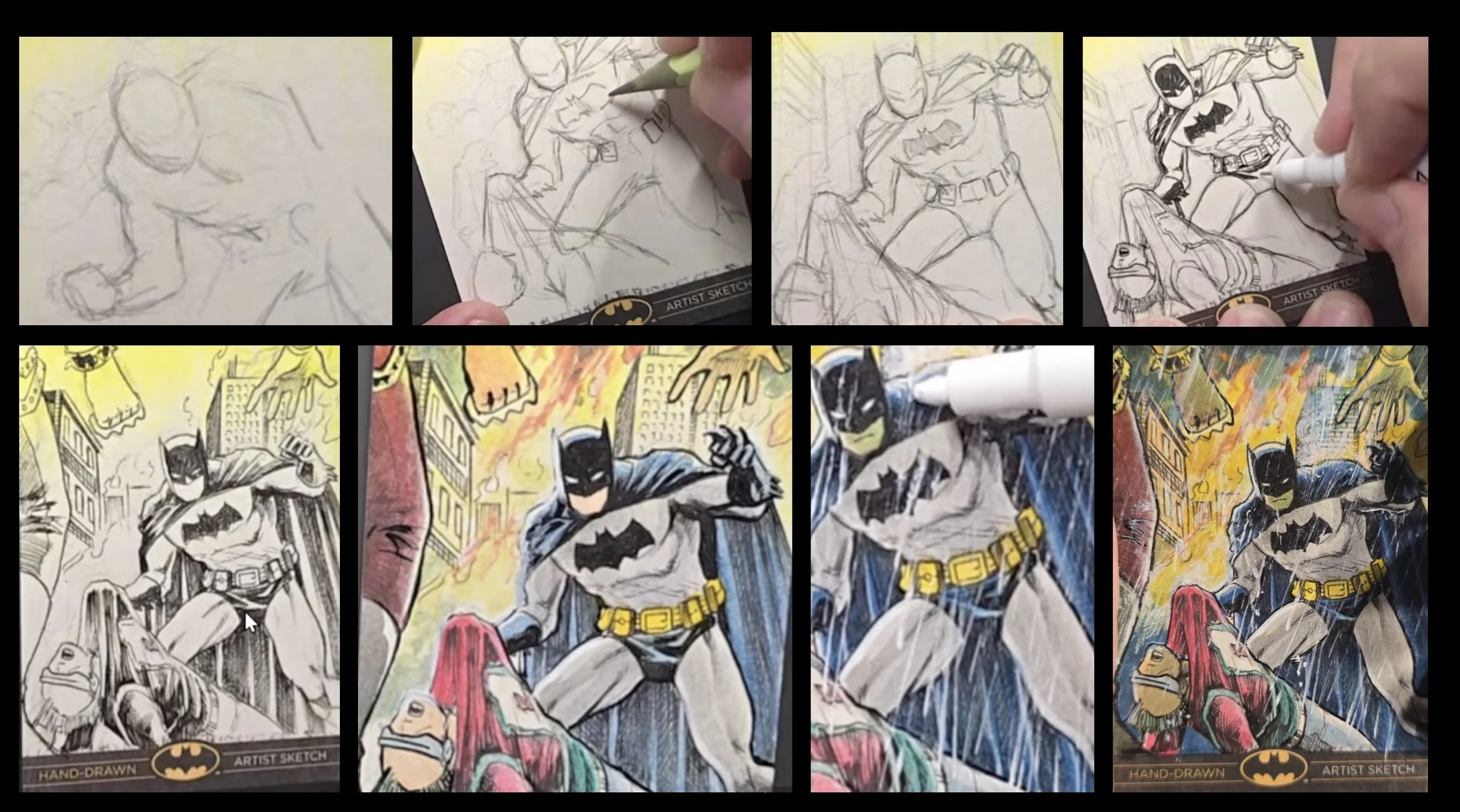 Batman legend sketch card. Sequence of images showing the process of creating a Batman comic illustration, from initial sketch to colored artwork, with a focus on Batman in action in a cityscape with fire and destruction.