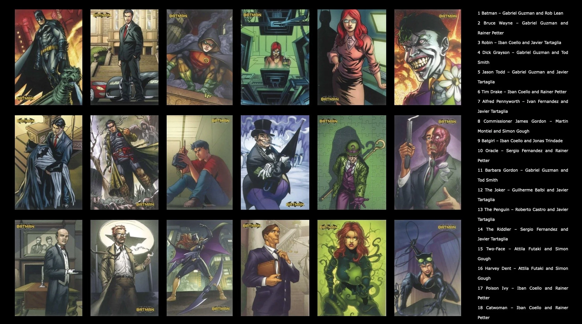 Batman legend cards. A collection of comic book style illustrations featuring various Batman characters and villains. Included are images of Batman, Robin, Catwoman, the Joker, and other characters