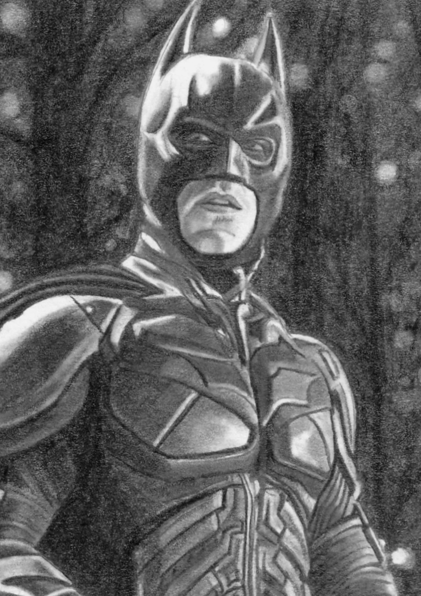 Batman sketch card. A black and white drawing of Batman with a serious expression, wearing his costume and cape, set against a starry background.