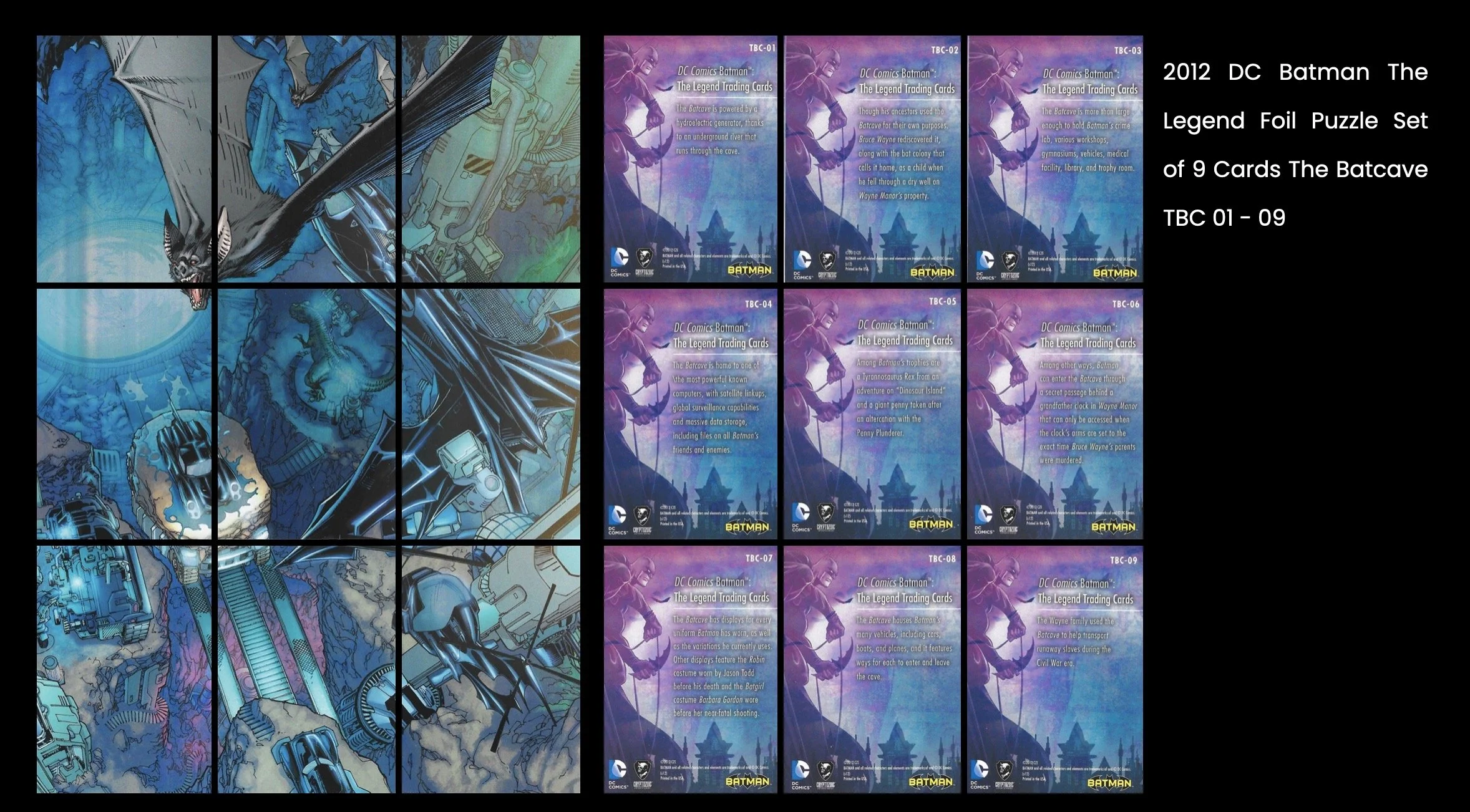Batman legend cards. A set of nine trading cards from DC Comics Batman titled 'The Legend Foil Puzzle Set of 9 Cards The Batcave, TBC 01-09'. The cards feature images and descriptions related to the Batcave, Batman,